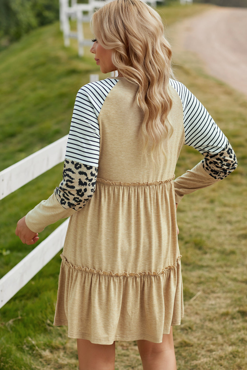 Mixed Print Frill Trim Long Sleeve Dress