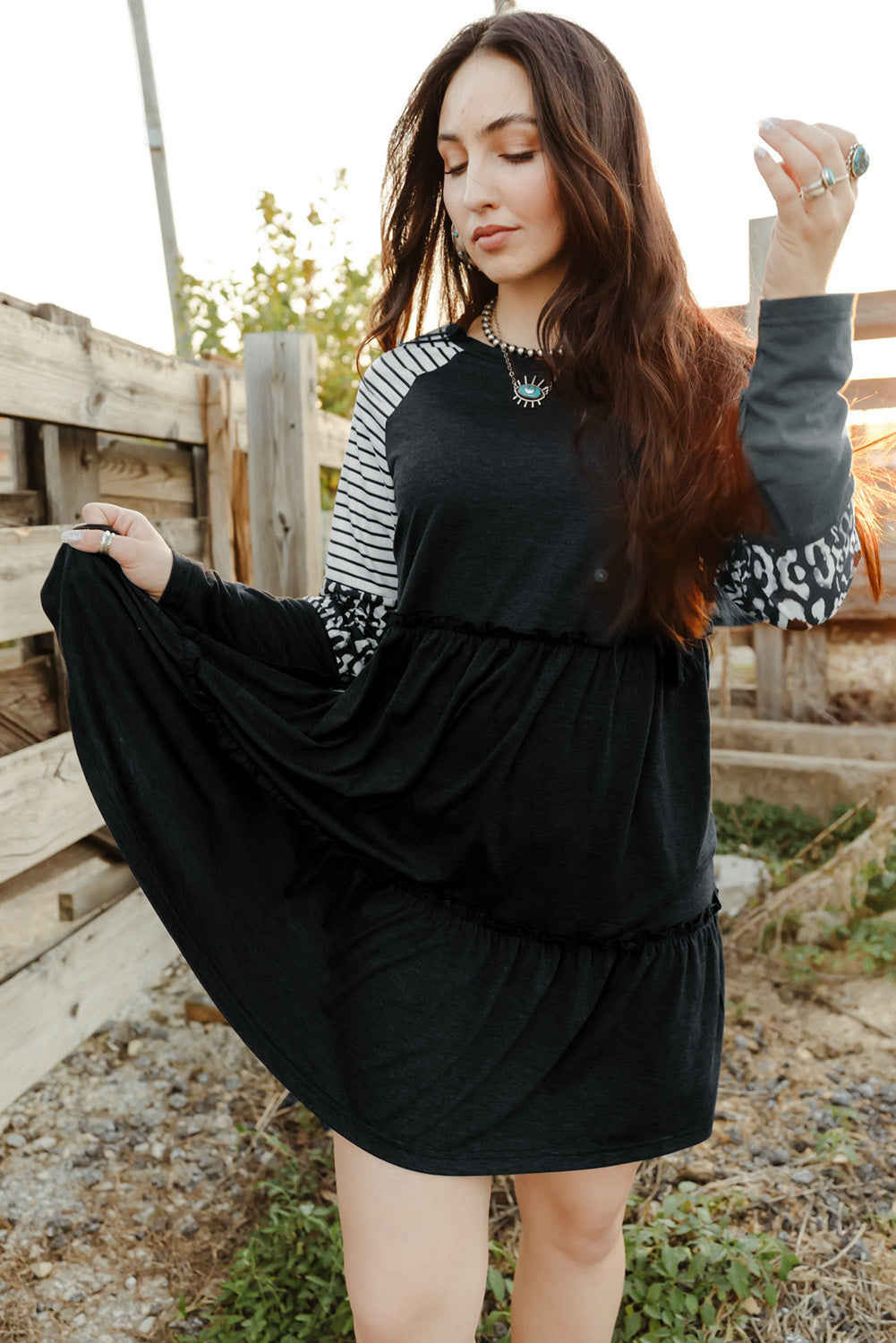 Mixed Print Frill Trim Long Sleeve Dress