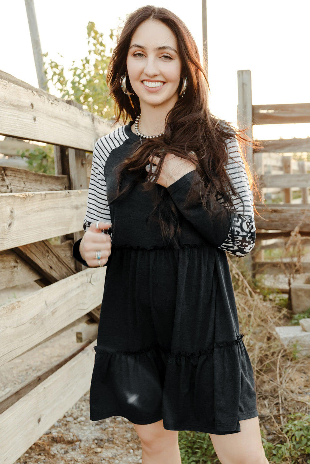 Mixed Print Frill Trim Long Sleeve Dress
