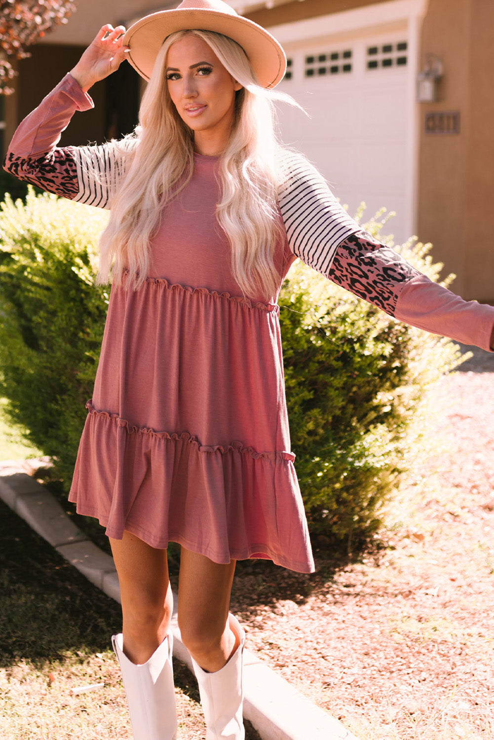 Mixed Print Frill Trim Long Sleeve Dress