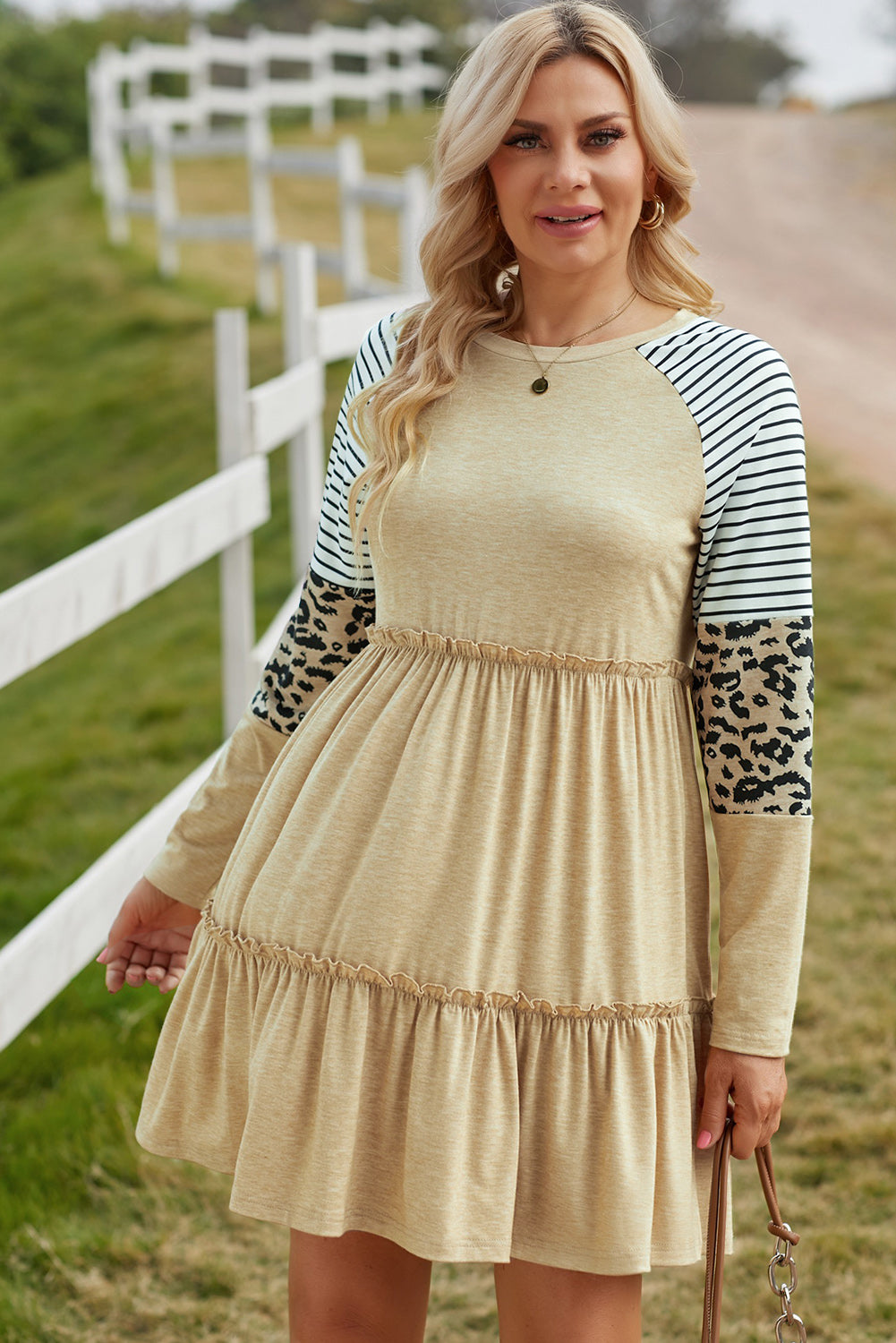 Mixed Print Frill Trim Long Sleeve Dress
