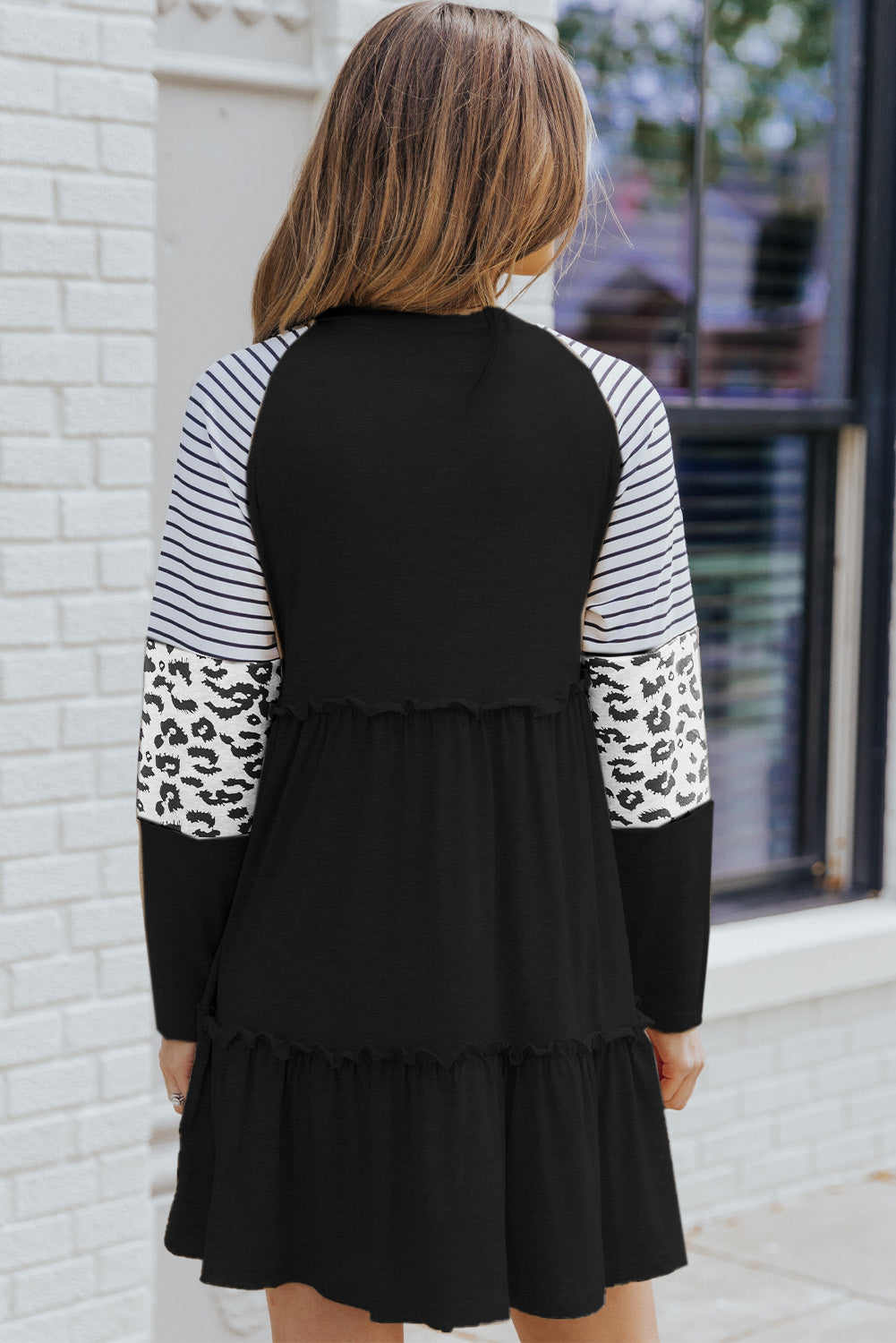 Mixed Print Frill Trim Long Sleeve Dress