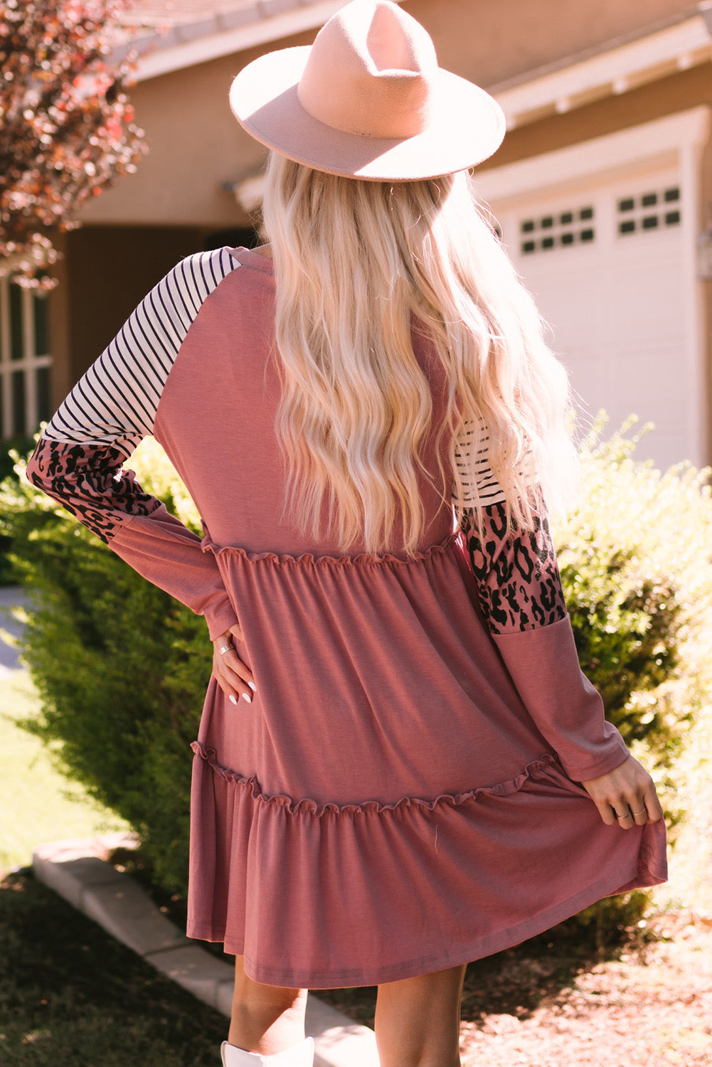 Mixed Print Frill Trim Long Sleeve Dress