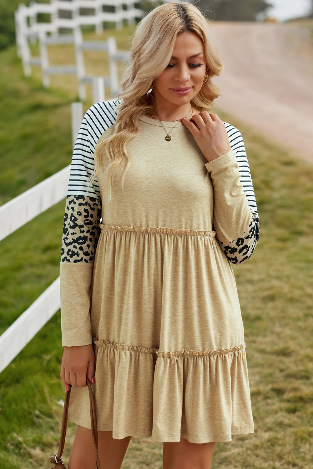Mixed Print Frill Trim Long Sleeve Dress