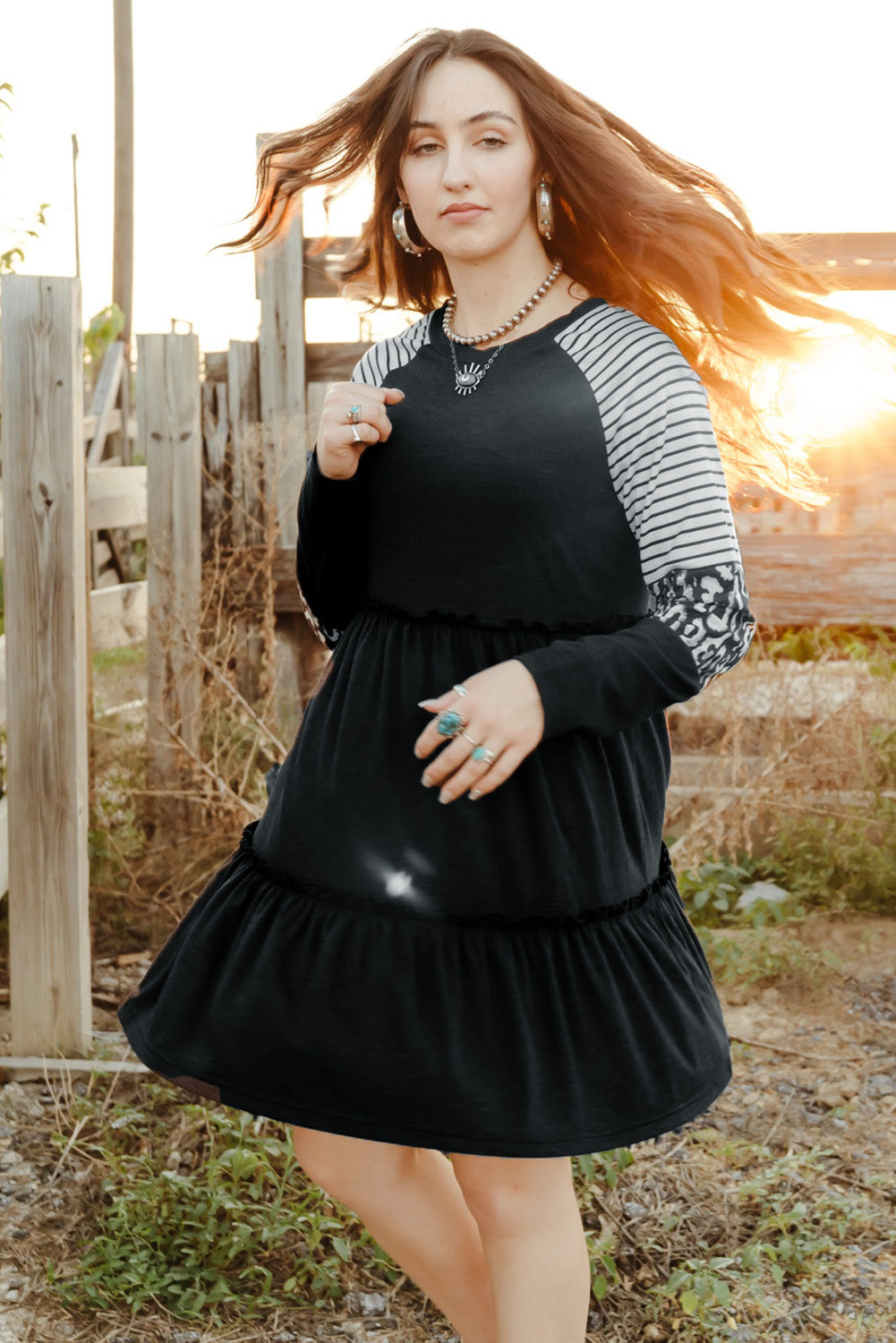Mixed Print Frill Trim Long Sleeve Dress