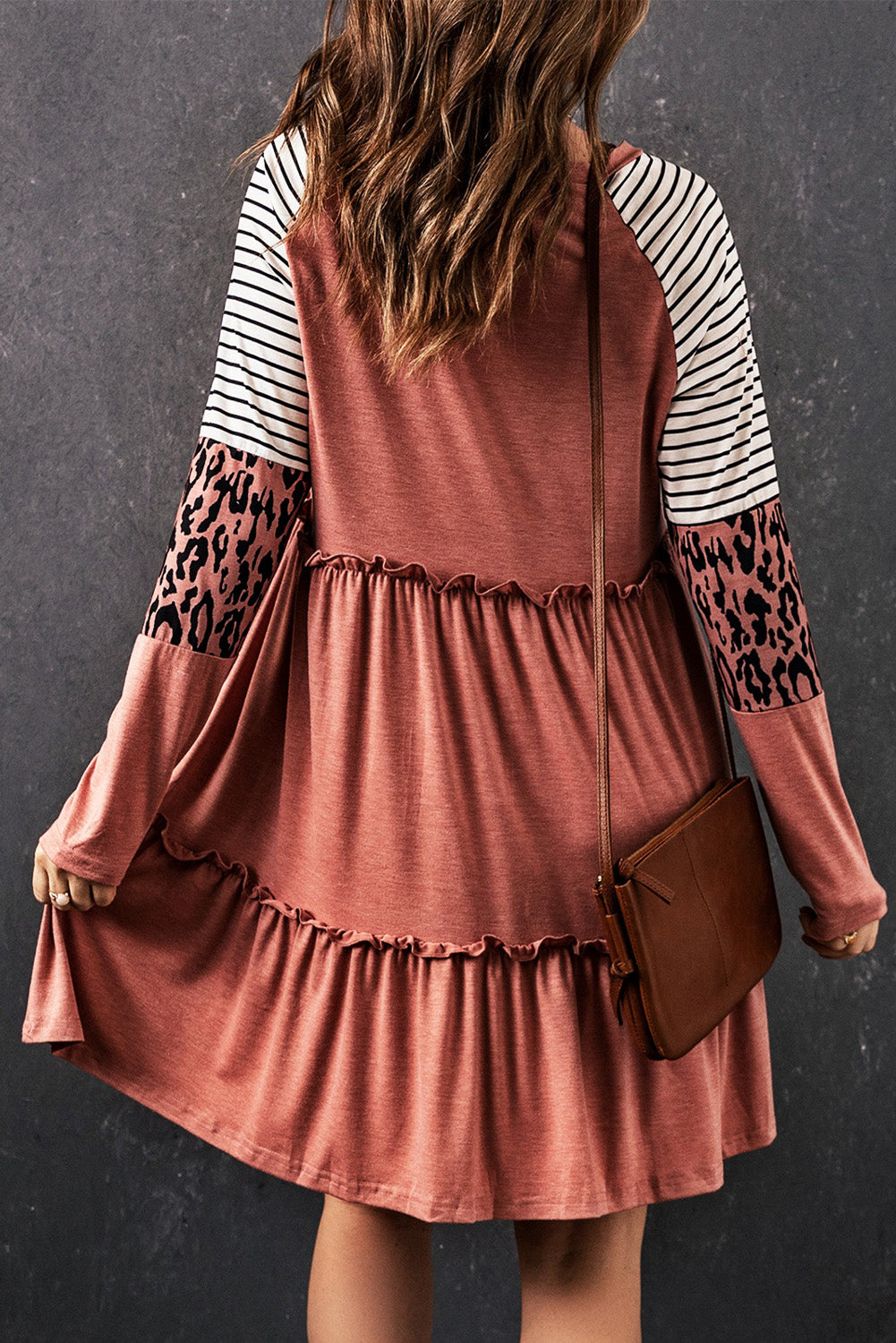 Mixed Print Frill Trim Long Sleeve Dress