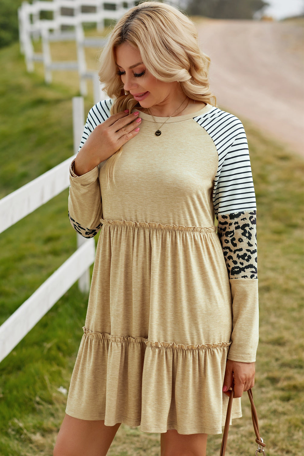 Mixed Print Frill Trim Long Sleeve Dress