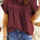 Swiss Dot Decorative Button Short Sleeve Blouse