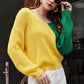 Double Take Two-Tone V-Neck Twisted Sweater
