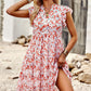 Floral Flutter Sleeve Notched Neck Tiered Dress