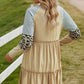 Mixed Print Frill Trim  Long Sleeve Dress