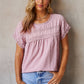 Swiss Dot Decorative Button Short Sleeve Blouse
