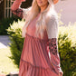Mixed Print Frill Trim  Long Sleeve Dress