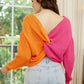 Double Take Two-Tone V-Neck Twisted Sweater