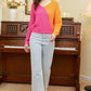 Double Take Two-Tone V-Neck Twisted Sweater
