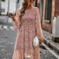 Printed Round Neck Long Sleeve Smocked Dress