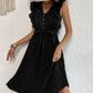 Buttoned Ruffle Trim Belted Pleated Dress