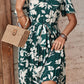 Floral Round Neck Tie Belt Pleated Dress