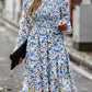 Printed Round Neck Long Sleeve Smocked Dress