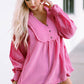 Exposed Seam Buttoned Notched Neck Blouse