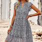 Floral Flutter Sleeve Notched Neck Tiered Dress