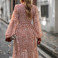 Printed Round Neck Long Sleeve Smocked Dress