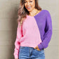 Double Take Two-Tone V-Neck Twisted Sweater