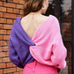 Double Take Two-Tone V-Neck Twisted Sweater