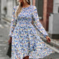 Printed Round Neck Long Sleeve Smocked Dress