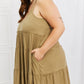 Zenana Full Size Spaghetti Strap Tiered Dress with Pockets in Khaki