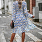 Printed Round Neck Long Sleeve Smocked Dress