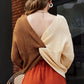 Double Take Two-Tone V-Neck Twisted Sweater